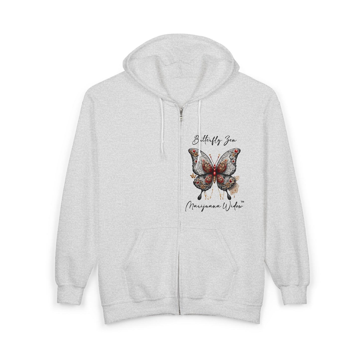 Zen Destiny - Moon & Butterfly Zip Hoodie — Japanese-Inspired Crescent Moon Graphic Zip-Up Unisex Sweatshirt