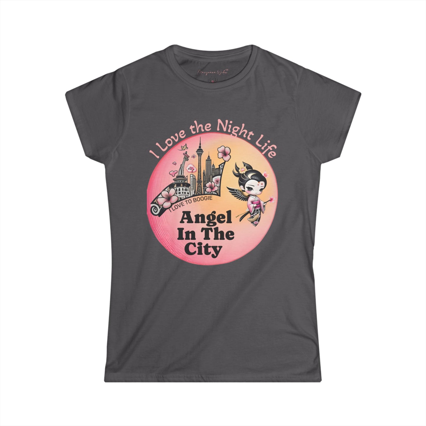 Geisha Angel in the City Women's Tee — I Love the Night Life — Cherry Blossom Pink Moon