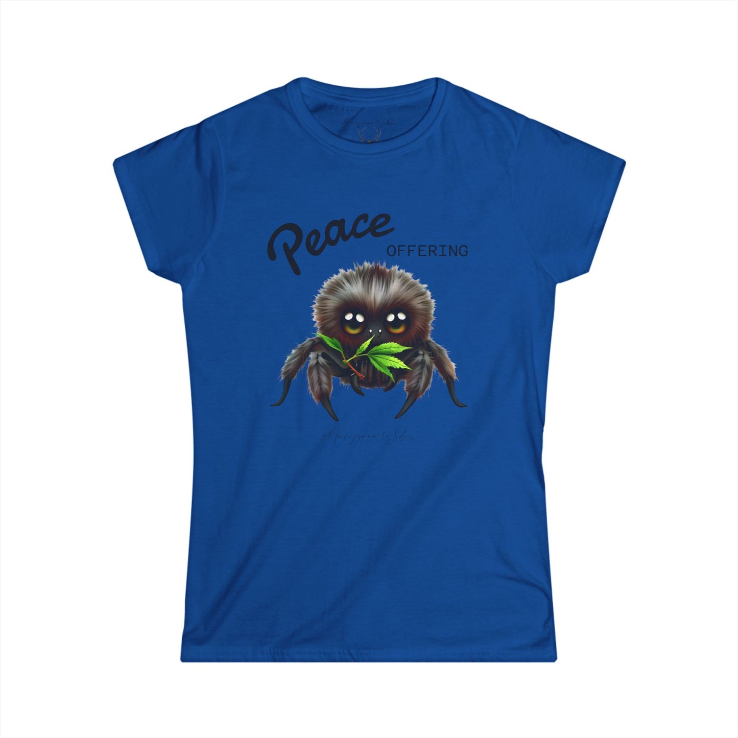 Cute Fluffy Spider Tee — Big‑Eyed Spider Holding Green Marijuana Leaves - Women's Tee