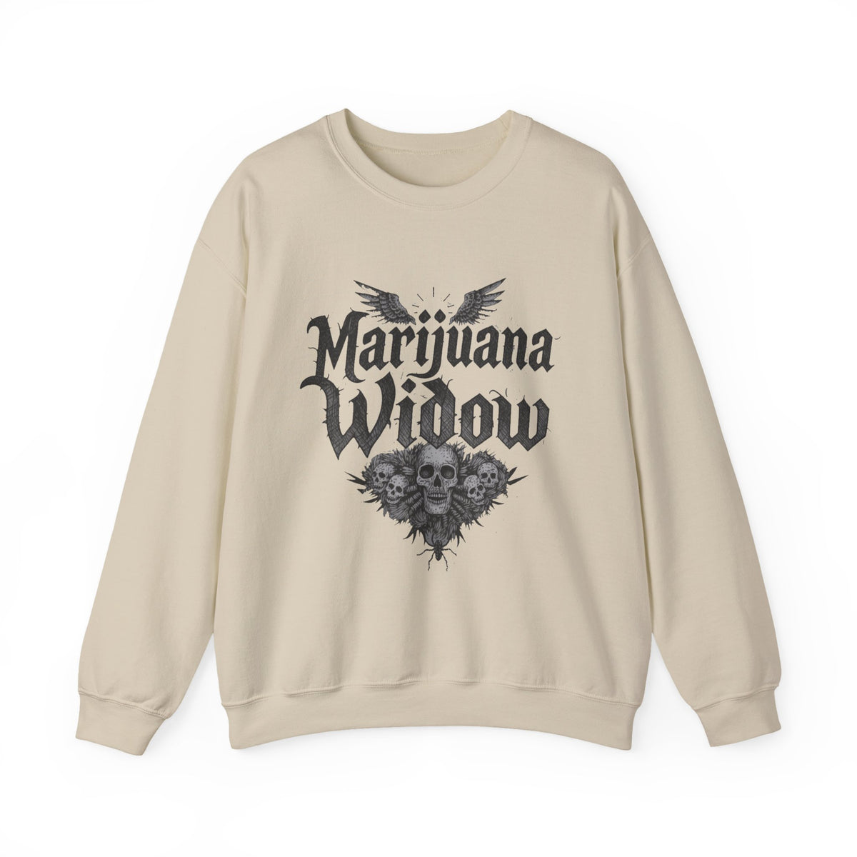 Marijuana Widow Gothic Angel Wings Sweatshirt - Wings Skulls Graphic Front and Back - Marijuana Widow