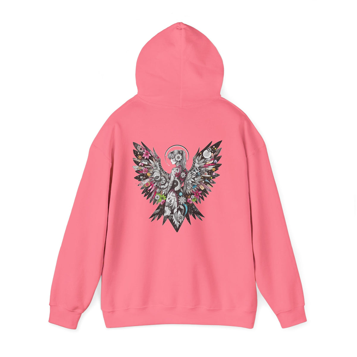 Angel Wings - Floral Skull Raven Hoodie — Gothic Boho Wings Pullover Front and Back Graphic - Marijuana Widow