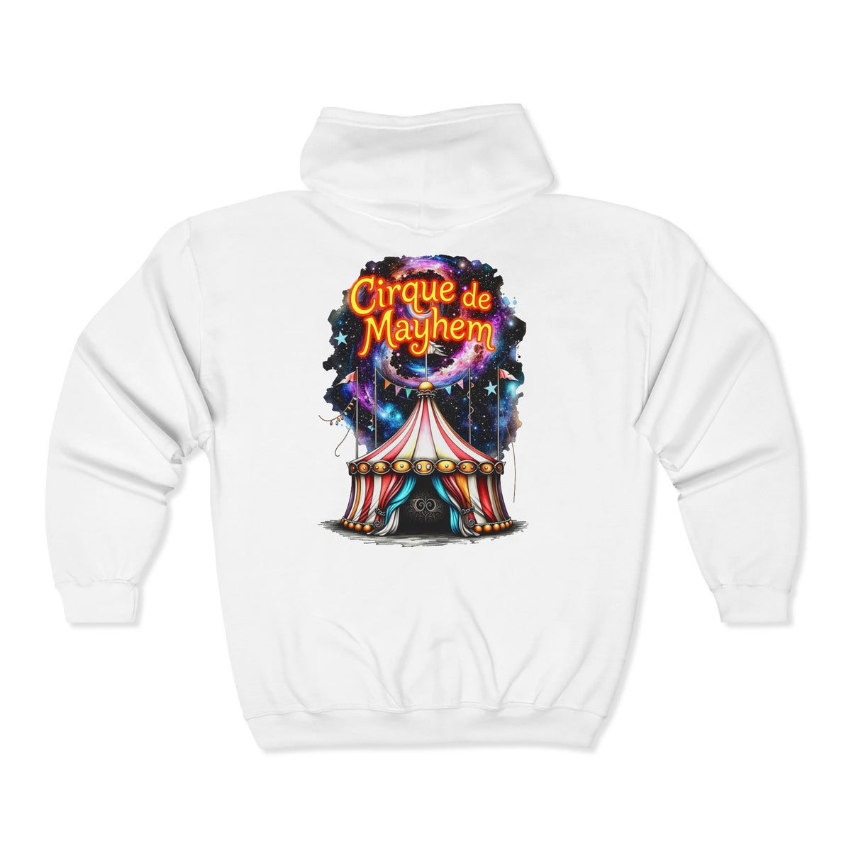 "Cirque de Mayhem" Zip Hoodie — Vintage Carnival Tent & Fairy Illustration - Front and Back Graphic - Marijuana Widow