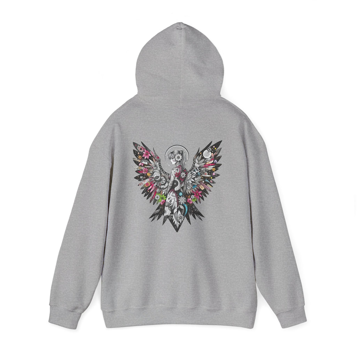 Angel Wings - Floral Skull Raven Hoodie — Gothic Boho Wings Pullover Front and Back Graphic - Marijuana Widow