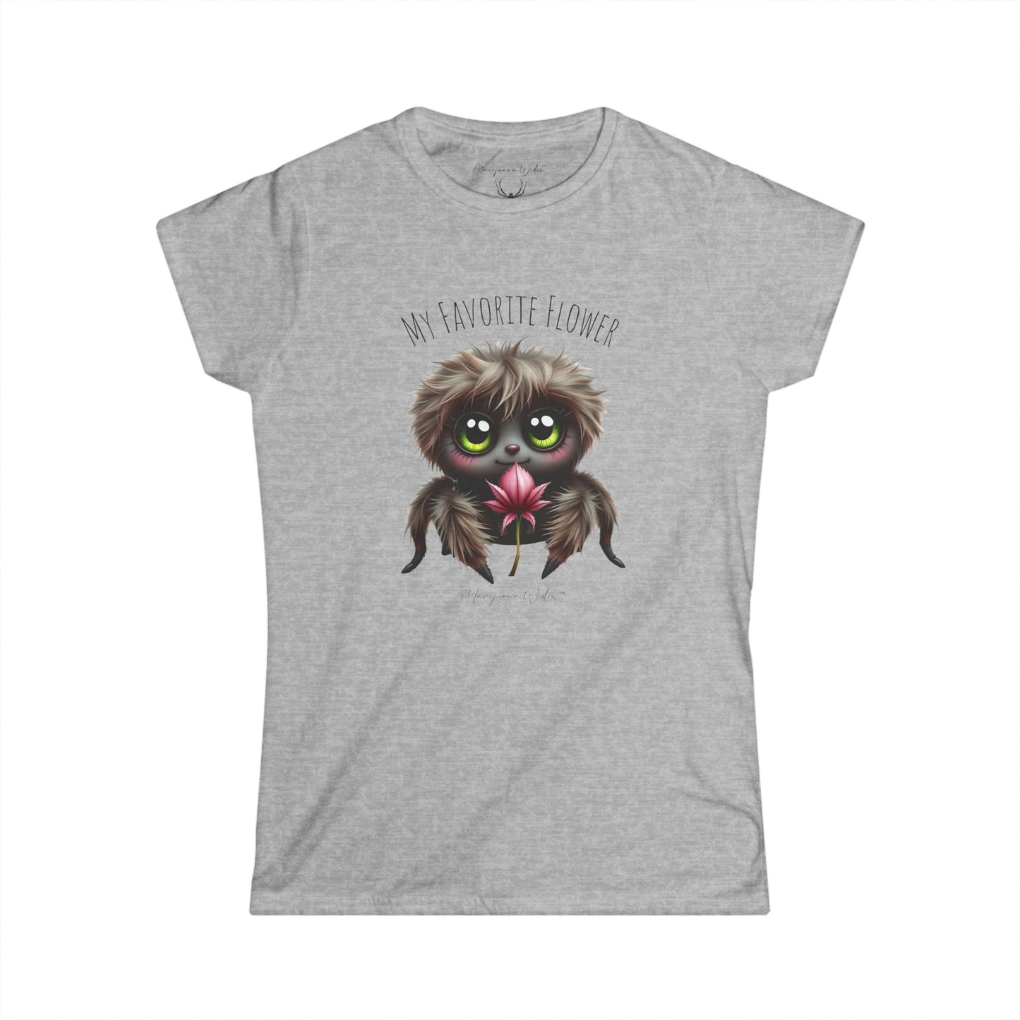 Cute Fluffy Spider Tee — Big-Eyed Spider Holding Pink Marijuana Leaf - Women's Tee