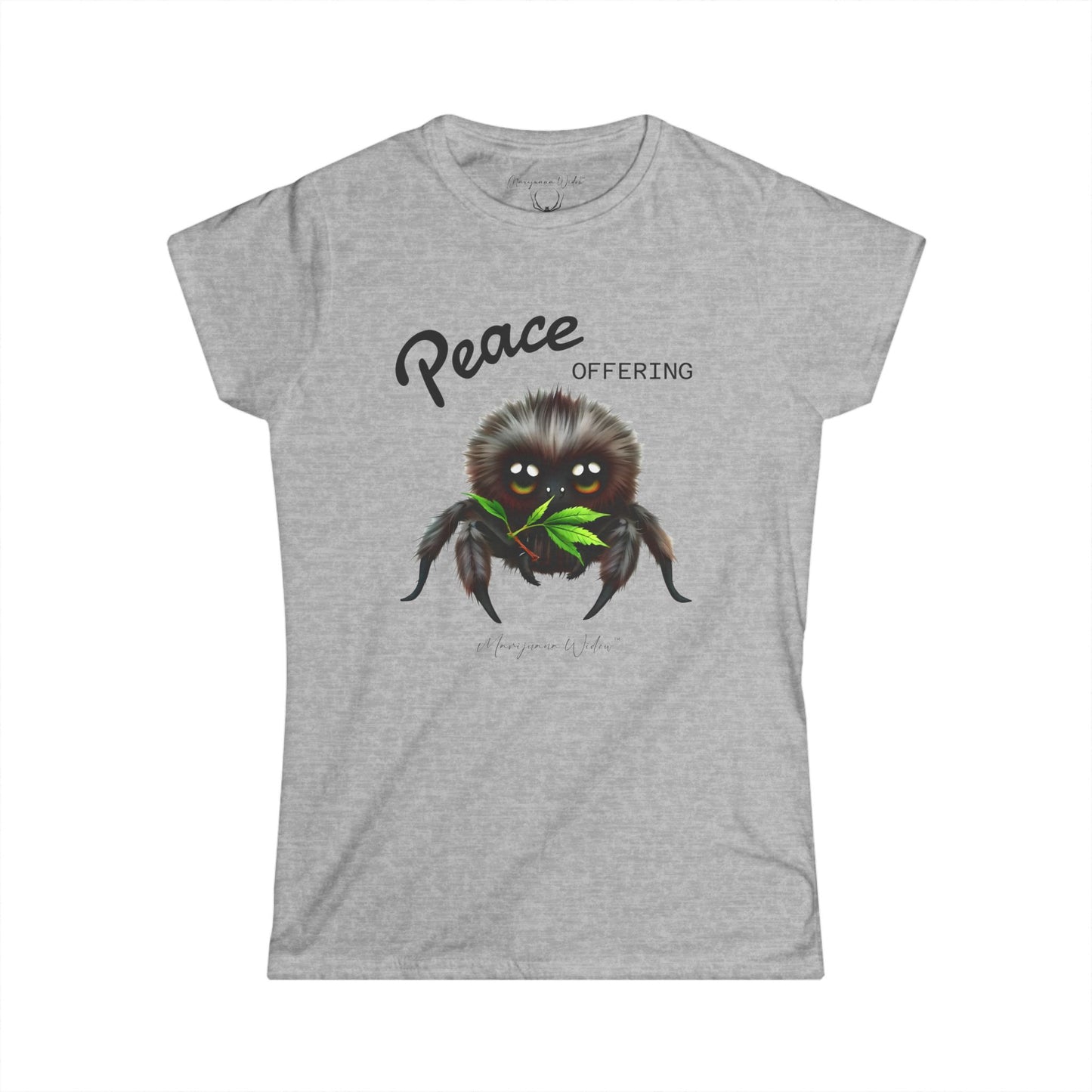 Cute Fluffy Spider Tee — Big‑Eyed Spider Holding Green Marijuana Leaves - Women's Tee