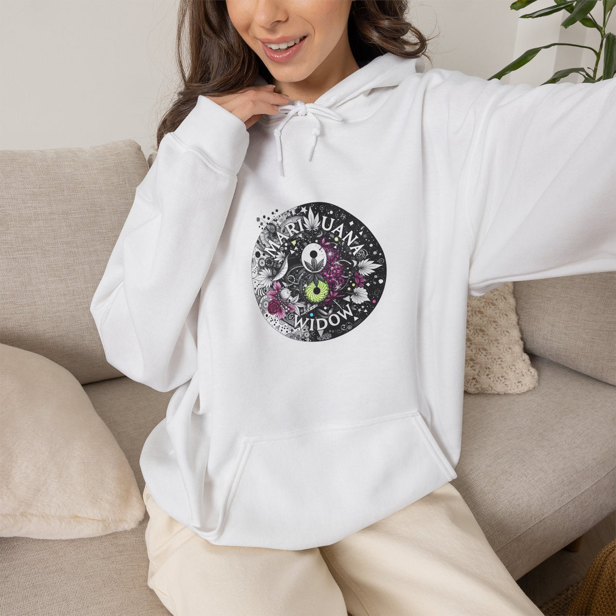 Angel Wings - Floral Skull Raven Hoodie — Gothic Boho Wings Pullover Front and Back Graphic - Marijuana Widow