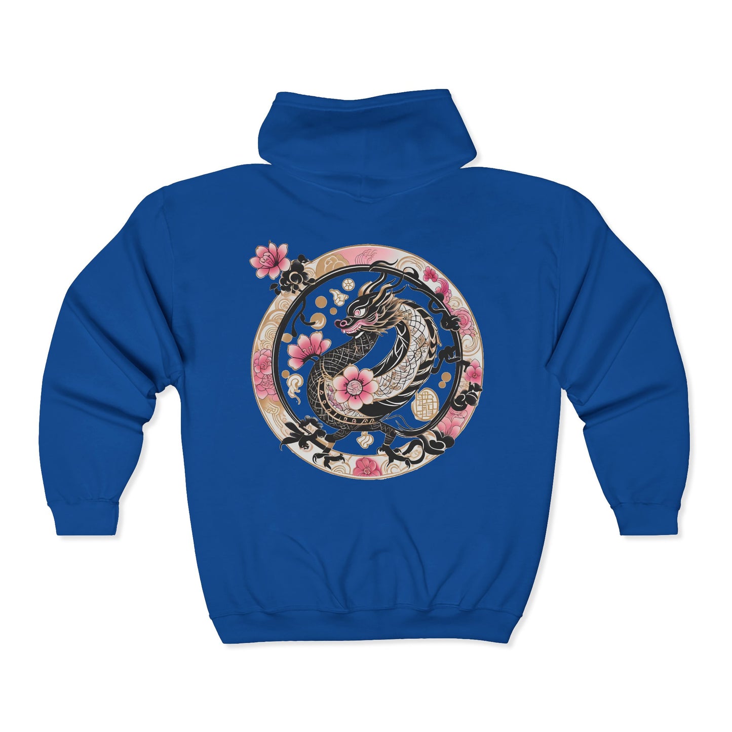 Dragon Sakura Zip Hoodie — Japanese Floral Dragon Full-Zip Unisex Sweatshirt