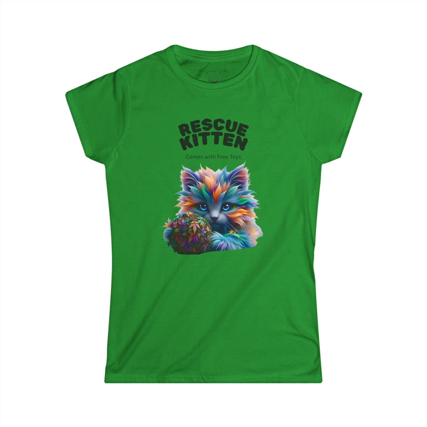 Rescue Kitten Cannabis Tee — Cute Multicolored Fluffy Kitten Holding Toy Ball - Women's Tee