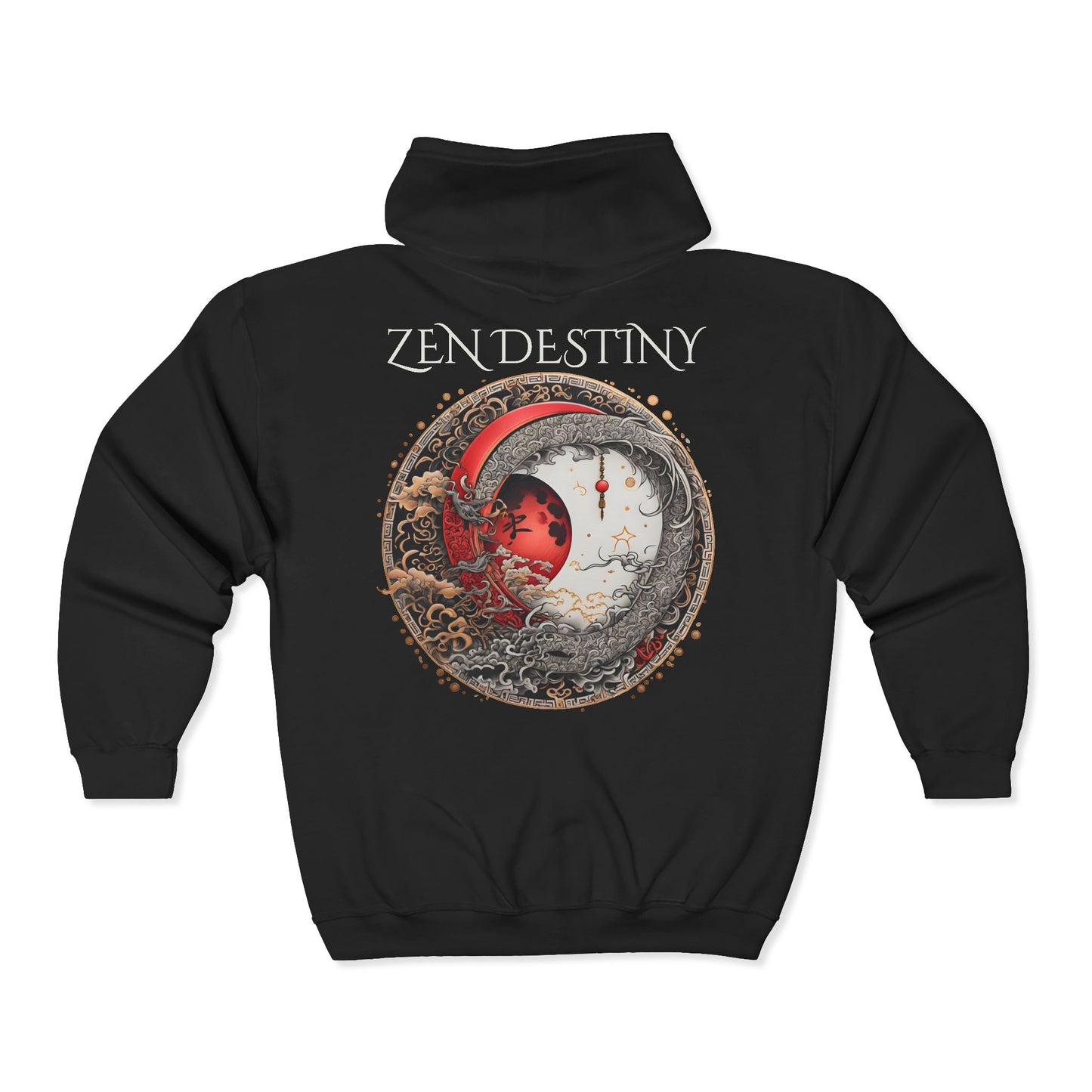 Zen Destiny - Moon & Butterfly Zip Hoodie — Japanese-Inspired Crescent Moon Graphic Zip-Up Unisex Sweatshirt