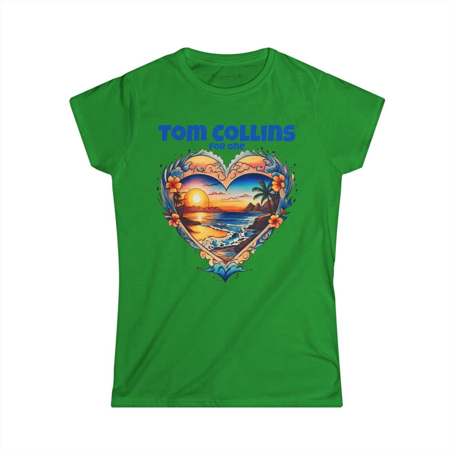 Tom Collins For One - Sunset Heart Women's T‑Shirt — Tropical Beach Graphic Tee