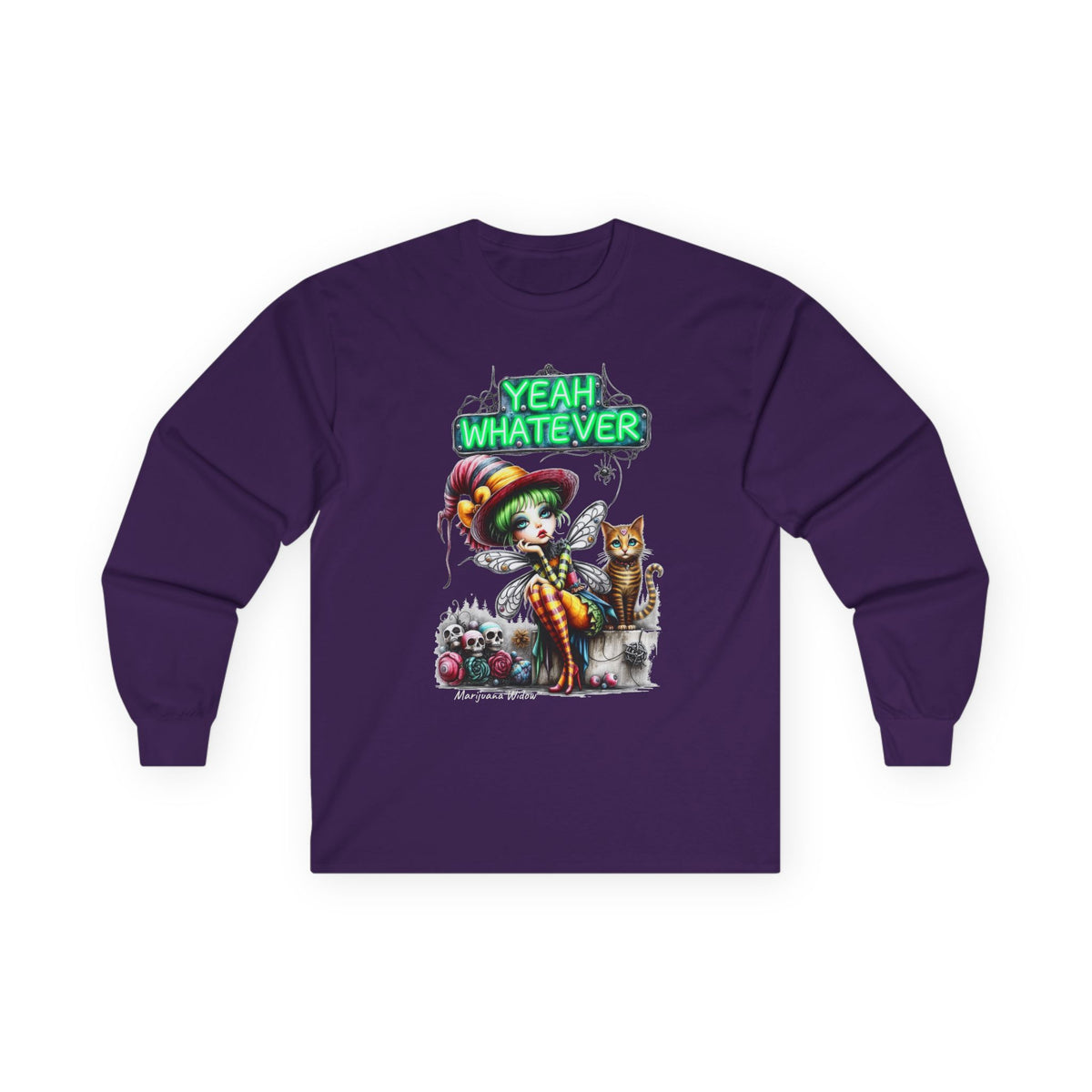 Halloween Fairy - Yeah Whatever - Fairy and Skeleton with Cat - Unisex Long Sleeve Tee - Marijuana Widow
