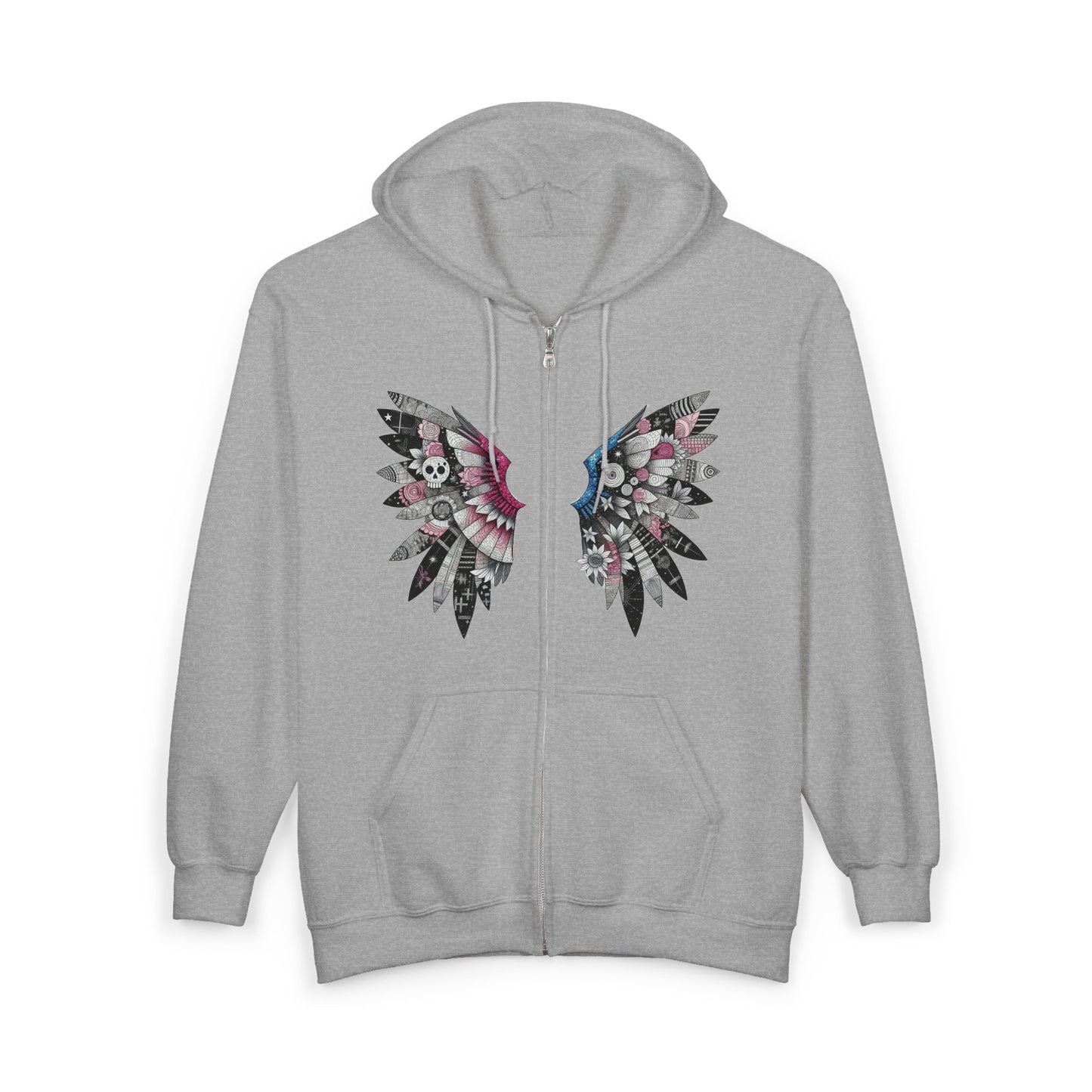 Angel Wings — Floral Skull Back Graphic - Full-Zip Hoodie