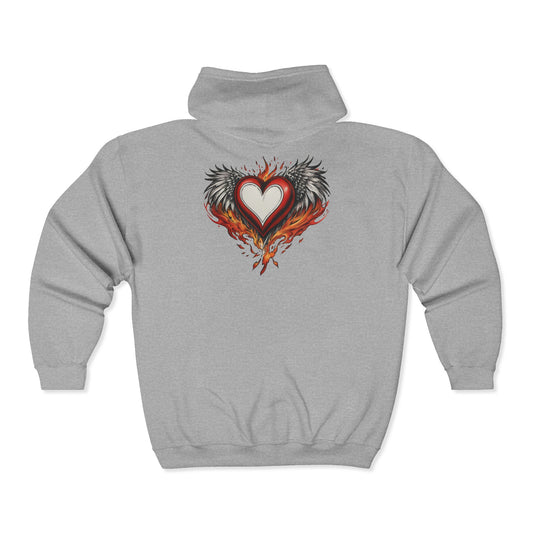 Heart Flame Zip Hoodie — Winged Fiery Heart Full-Zip Sweatshirt - Unisex - Marijuana Widow