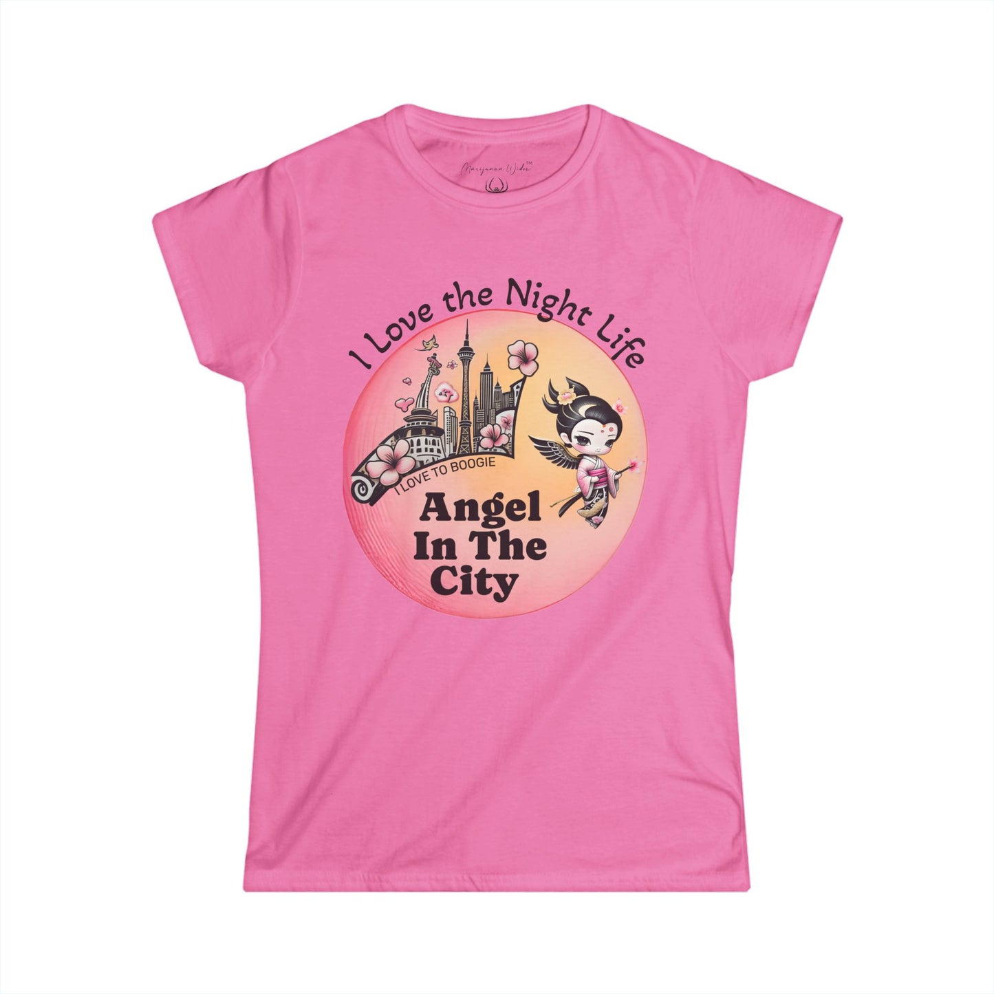 Geisha Angel in the City Women's Tee — I Love the Night Life — Cherry Blossom Pink Moon