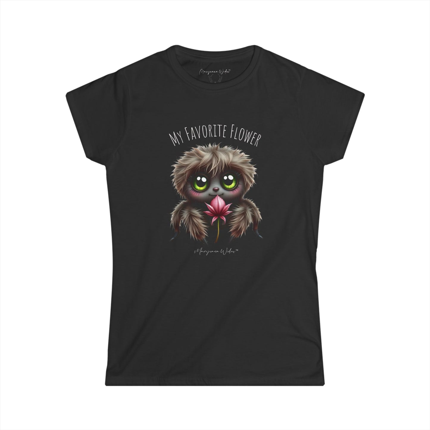 Cute Fluffy Spider Tee — Big-Eyed Spider Holding Pink Marijuana Leaf - Women's Tee