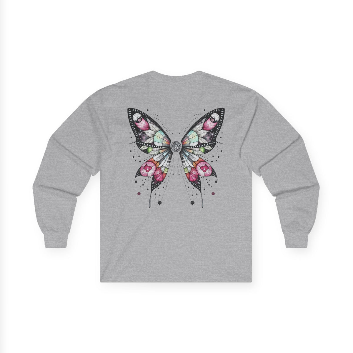 Dripping Ink - Fairy Butterfly Floral Long Sleeve Tee — Watercolor Wings - Front & Back Print Unisex Tee - Marijuana Widow