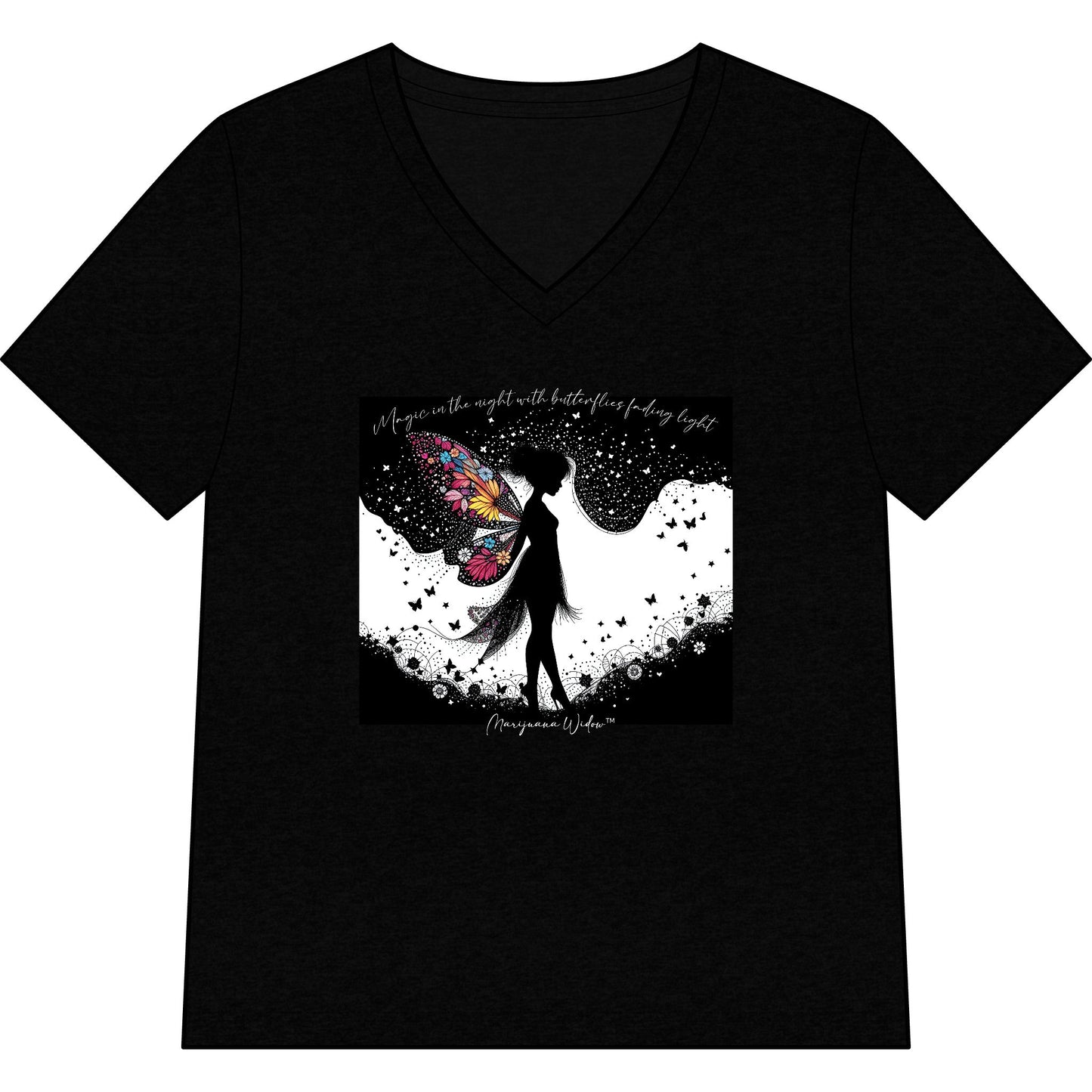 Fairy Dance with Butterflies at Night - V-Neck Tee for Women