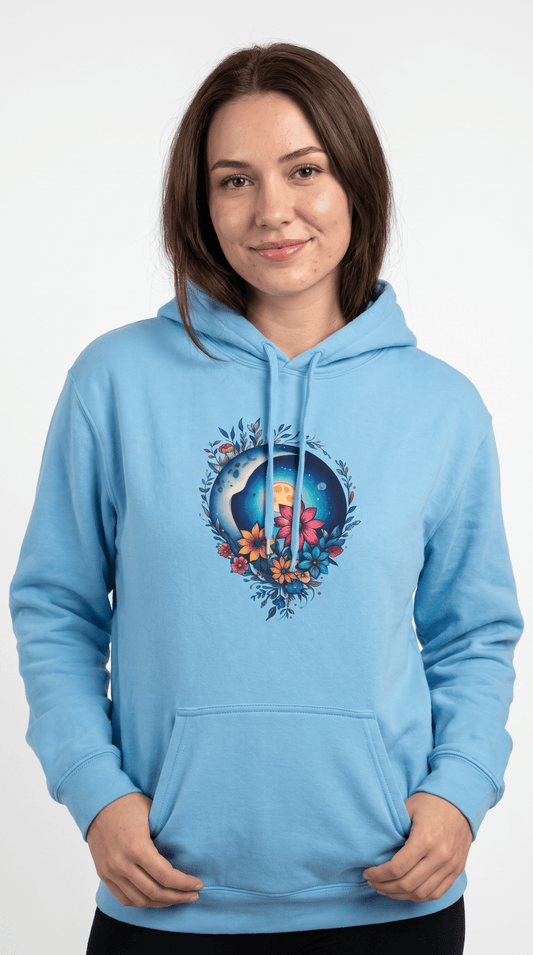 Moonlit Floral Hoodie — Nightscape Moon & Flowers Graphic Hoodie Front and Back Graphic