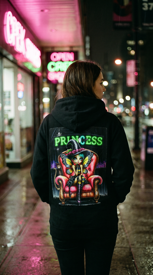 Princess Witch Hoodie — Gothic Neon Throne Graphic Unisex Hoodie