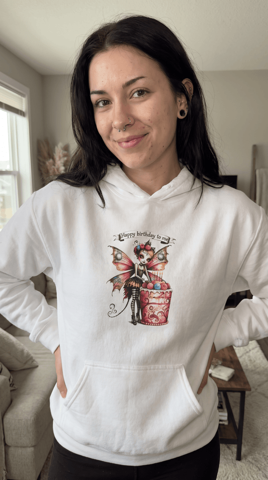 Fairy Butterfly - Happy Birthday to Me - Unisex Hoodie - Fairy and Cat with a Birthday Cake Sweatshirt