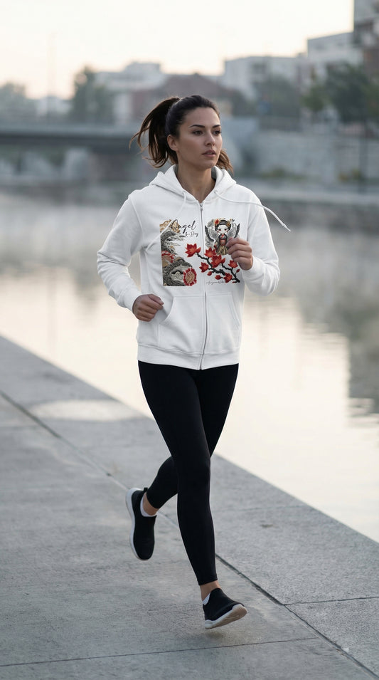 Angel by Day, Dragon by Night Zip-Hoodie - Japanese Dragon and Geisha Angel - Zip-Up Unisex Hoodie Front and Back Graphic