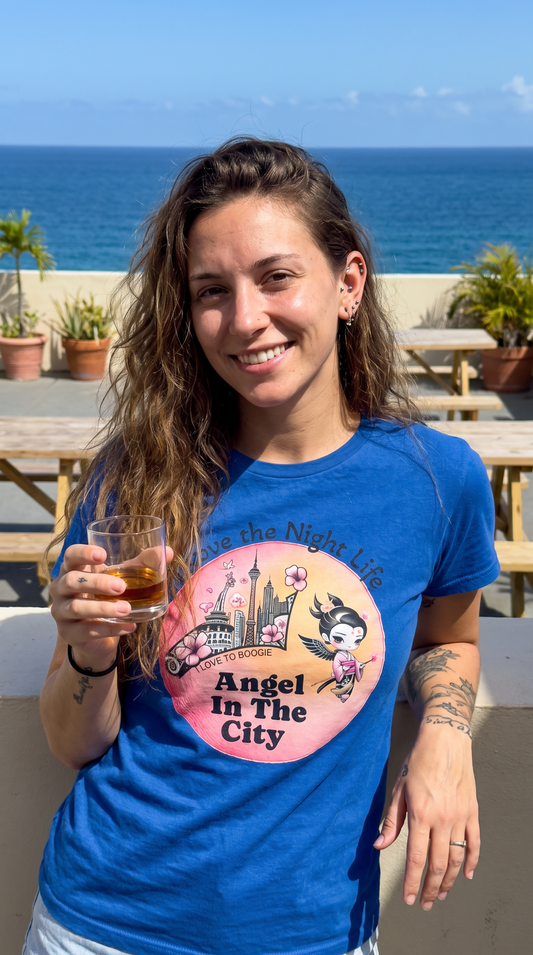 Geisha Angel in the City Women's Tee — I Love the Night Life — Cherry Blossom Pink Moon - Marijuana Widow