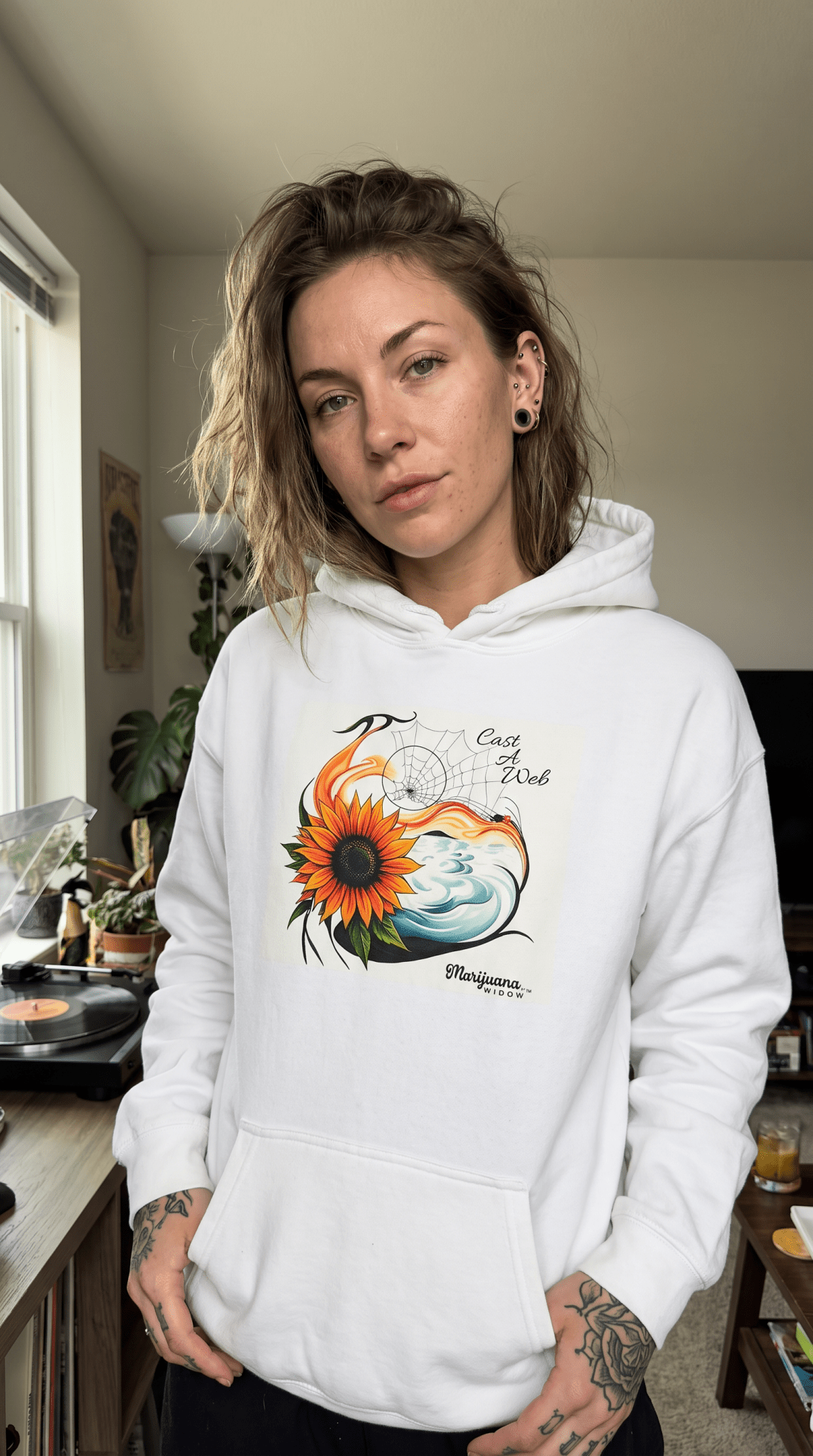 'Cast A Web' Hoodie - Retro Cannabis Themed Sunflower Artwork - Unisex Hoodie - Marijuana Widow