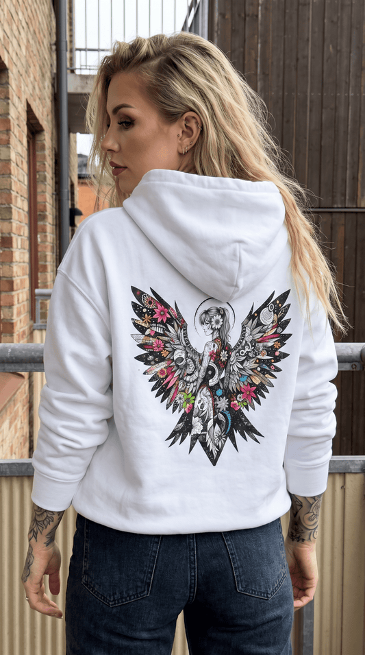 Angel Wings - Floral Skull Raven Hoodie — Gothic Boho Wings Pullover Front and Back Graphic - Marijuana Widow