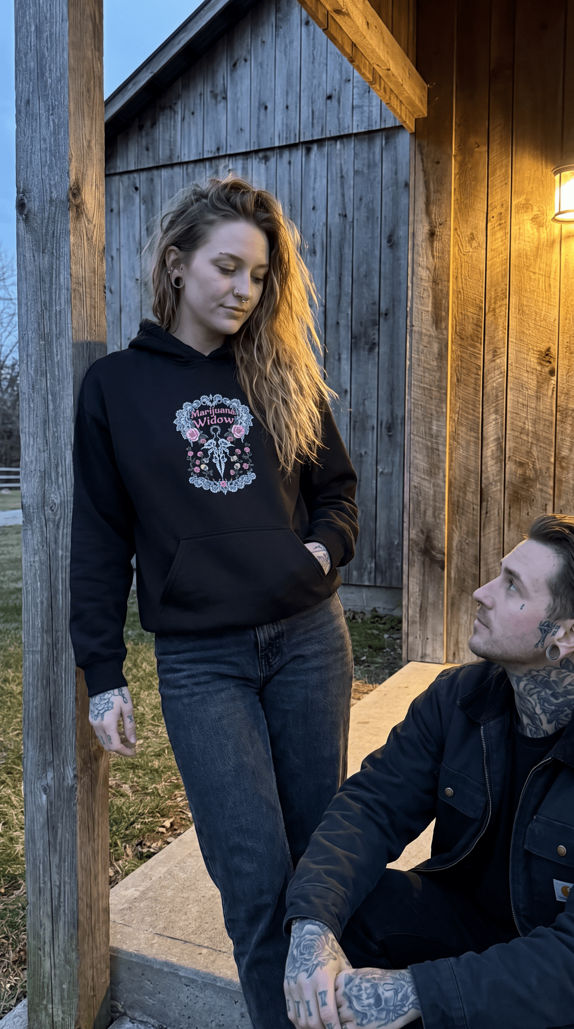 Pink Rose and Skull Slayer Hoodie - Front and Back Graphic Floral Skull Hoodie Pullover - Marijuana Widow