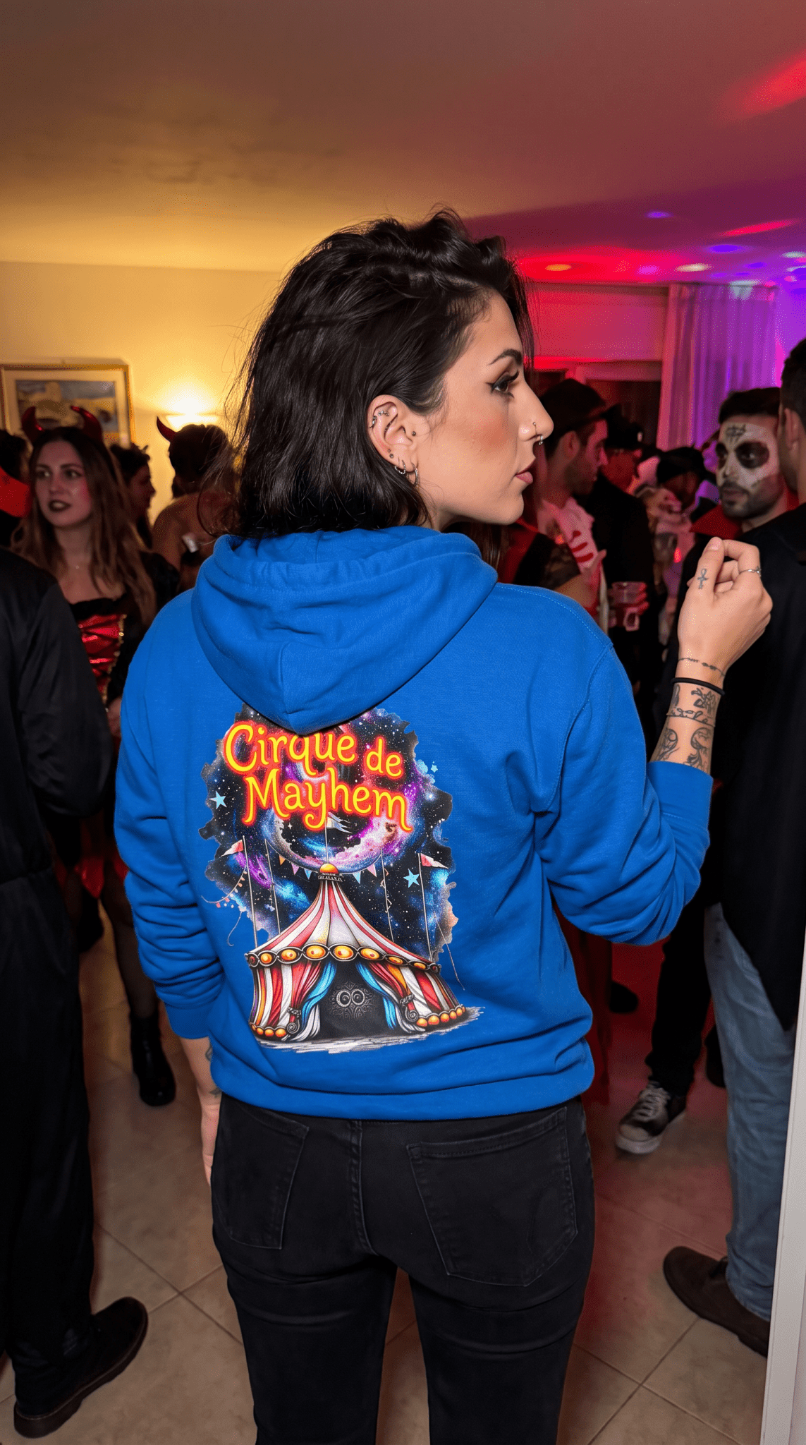 "Cirque de Mayhem" Zip Hoodie — Vintage Carnival Tent & Fairy Illustration - Front and Back Graphic - Marijuana Widow