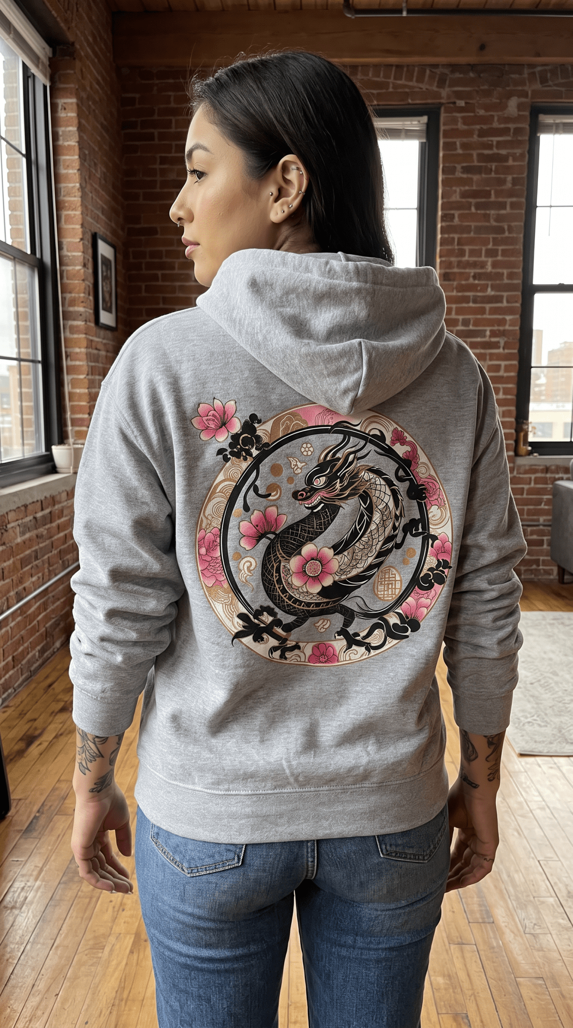 Dragon Sakura Zip Hoodie — Japanese Floral Dragon Full-Zip Unisex Sweatshirt - Marijuana Widow