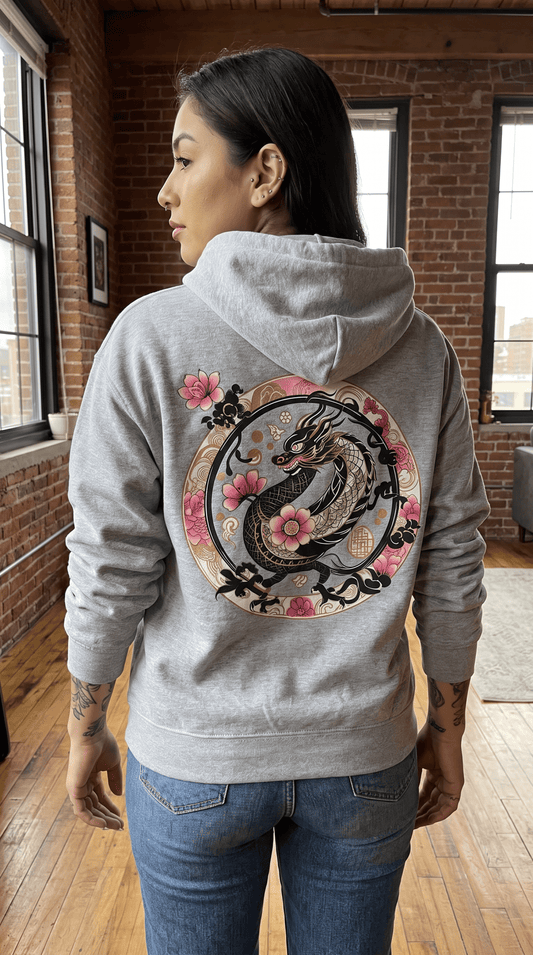 Dragon Sakura Zip Hoodie — Japanese Floral Dragon Full-Zip Unisex Sweatshirt - Marijuana Widow