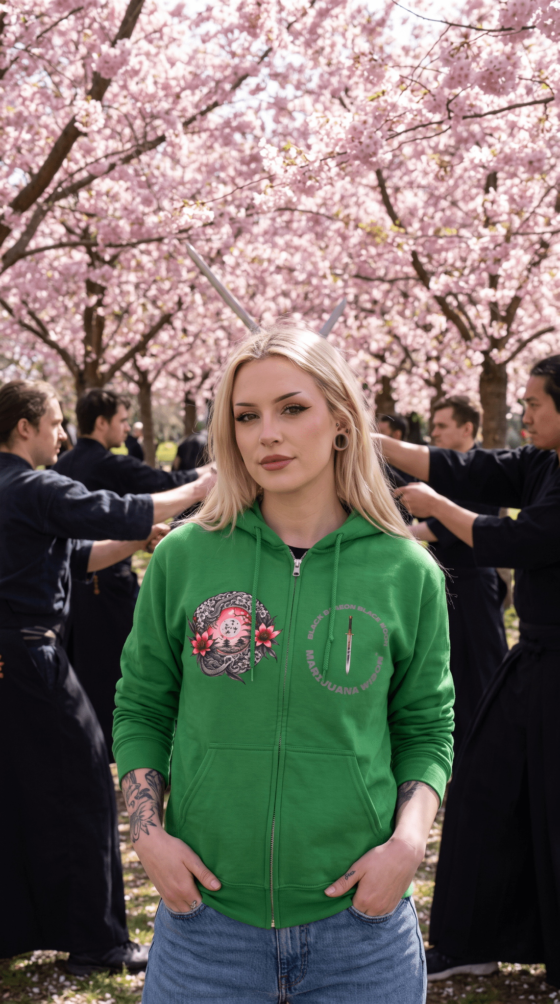 Black Dragon, Black Moon - Dragon Dagger Zip Hoodie – Sakura Sword Back Graphic - Marijuana Widow