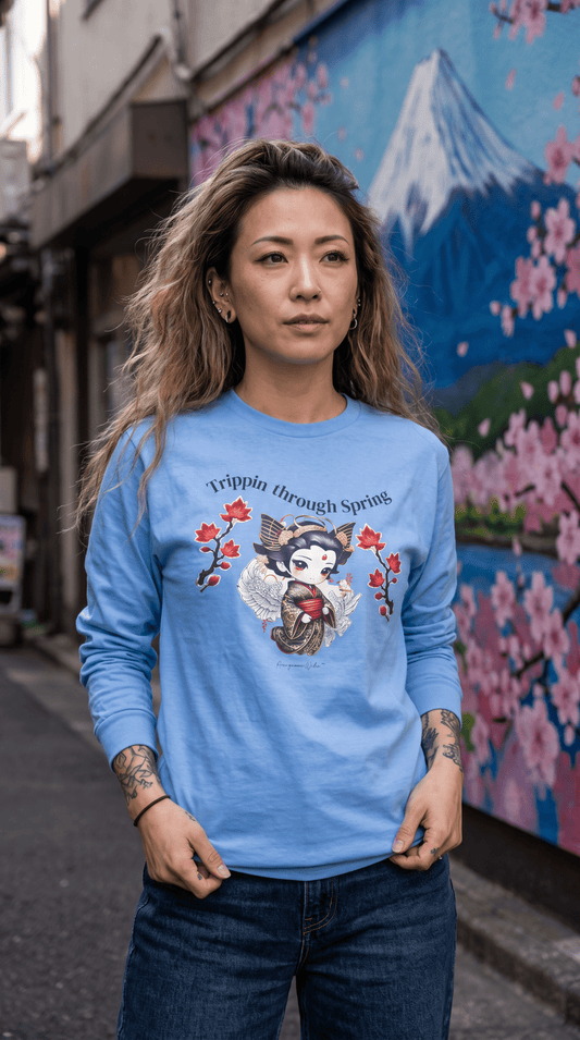 Geisha Angel - Trippin Through Spring - Cute Japanese Maple Leaves - Unisex Long Sleeve Tee - Marijuana Widow
