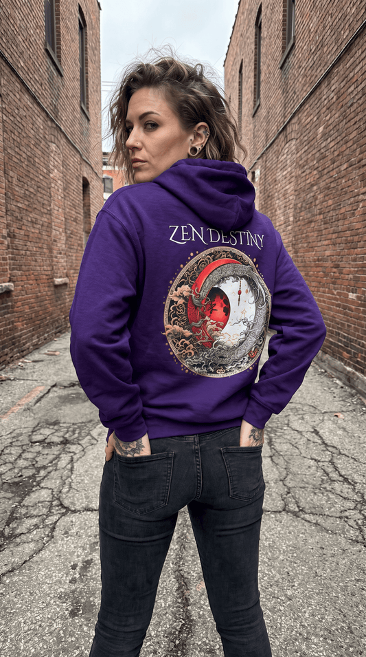 Zen Destiny - Moon & Butterfly Zip Hoodie — Japanese-Inspired Crescent Moon Graphic Zip-Up Unisex Sweatshirt - Marijuana Widow