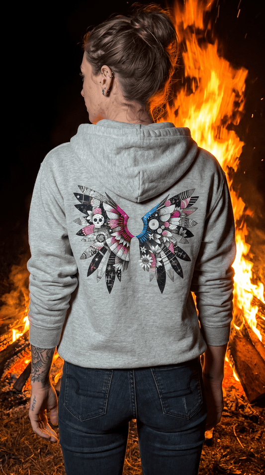 Angel Wings — Floral Skull Back Graphic - Full-Zip Hoodie - Marijuana Widow