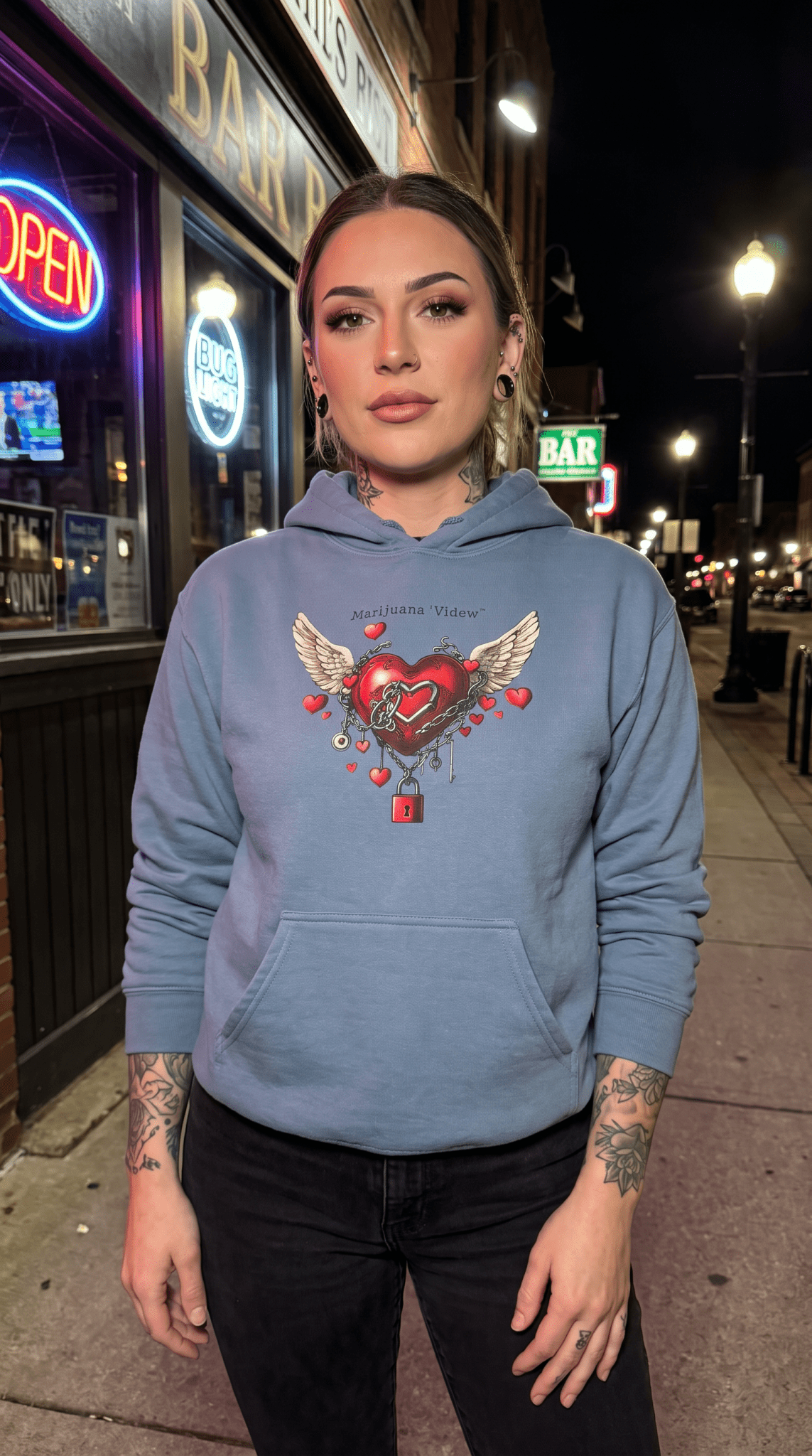 Winged Heart Lock Hoodie — Locked Heart Graphic Pullover Front and Back Graphic - Marijuana Widow