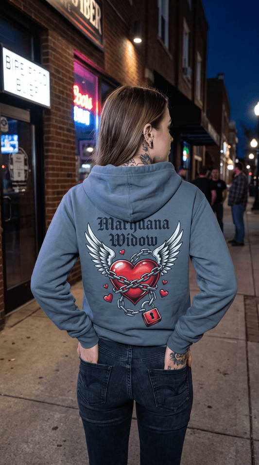 Winged Heart Lock Hoodie — Locked Heart Graphic Pullover Front and Back Graphic - Marijuana Widow