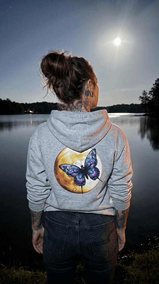 Butterfly & Moon Zip Hoodie — Unisex Full-Zip Sweatshirt - Marijuana Widow