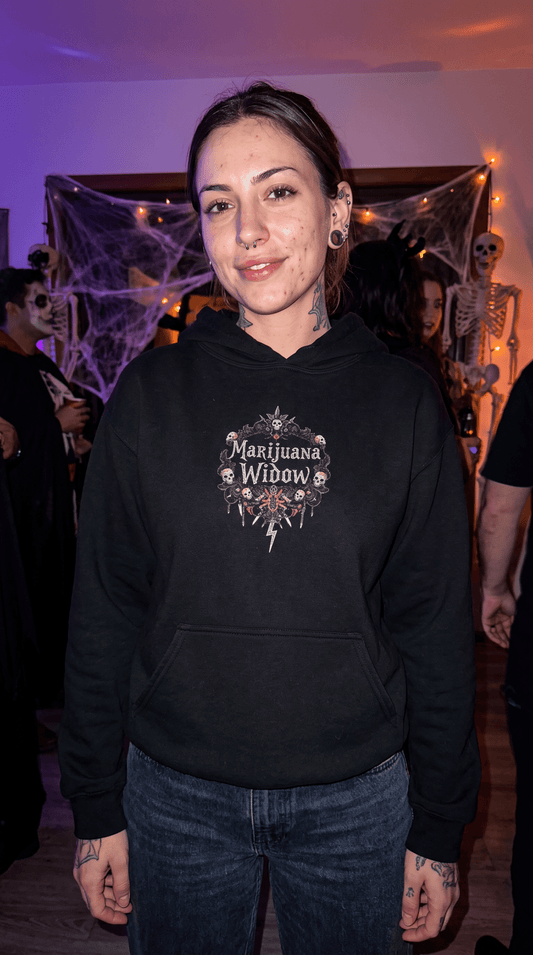 Marijuana Widow "Death Strike" Skulls Hoodie — Gothic Cannabis Floral Graphic Sweatshirt - Marijuana Widow