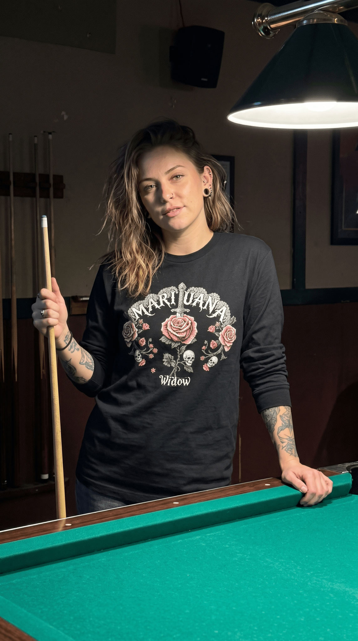 Knives and Roses Petal Pink Long Sleeve Tee — Pink Roses and Skulls with Sword Graphic - Marijuana Widow