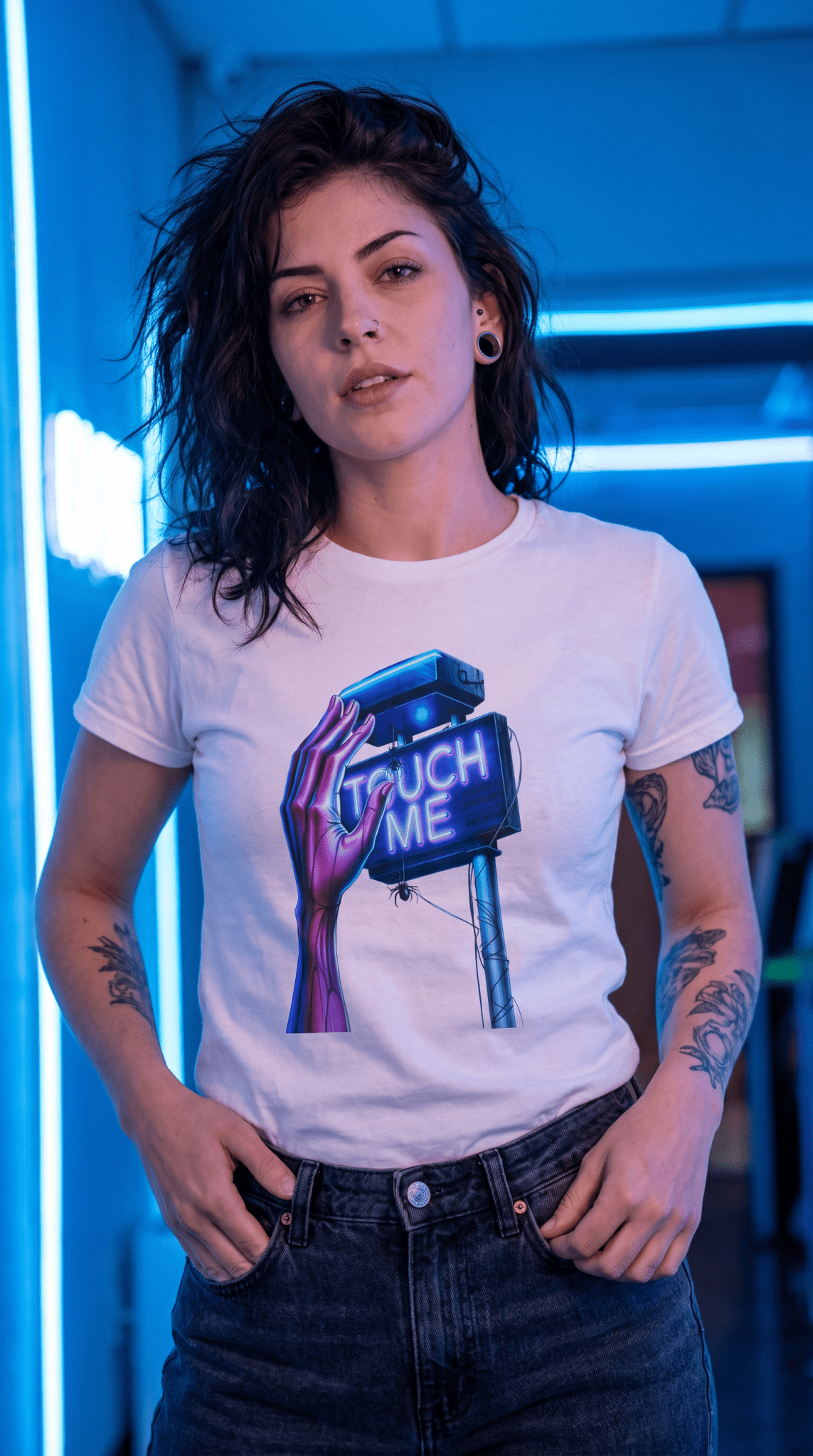 Touch Me - Blue Neon Sign - Women's Softstyle Short-Sleeve T-Shirt - Marijuana Widow