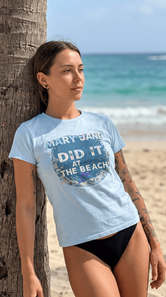 Mary Jane Did It at the Beach Again Tee — Cute Dolphin Graphic Women's Shirt - Marijuana Widow