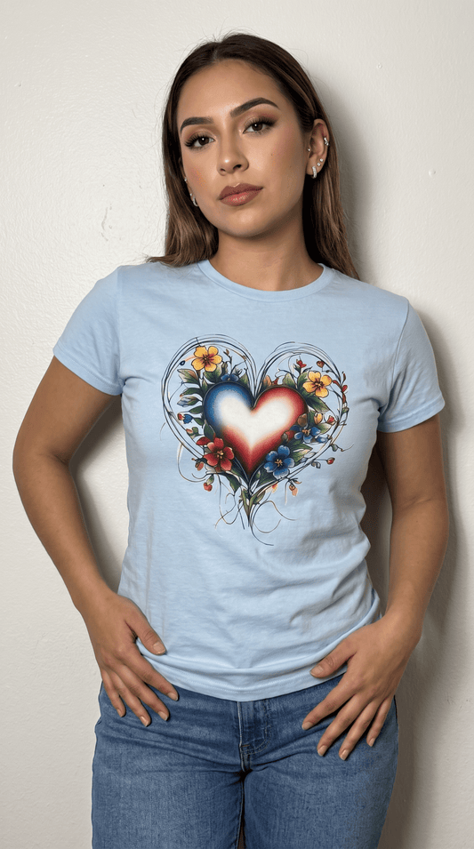 Floral Heart Women's Tee — Bright Heart Bloom Graphic Shirt - Marijuana Widow
