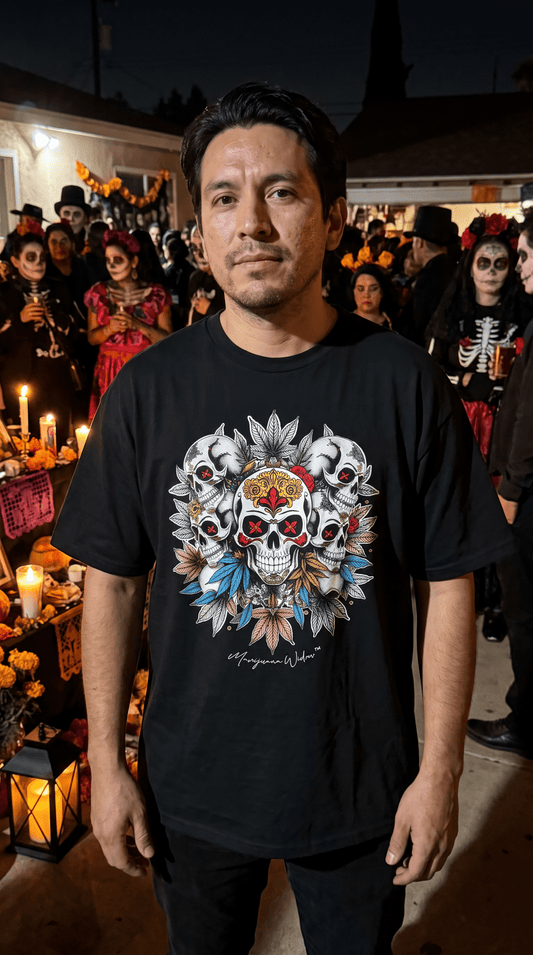 Dia de Los Muertos - Golden Skulls - Black Red Gold - Unisex T-shirt - Marijuana Widow