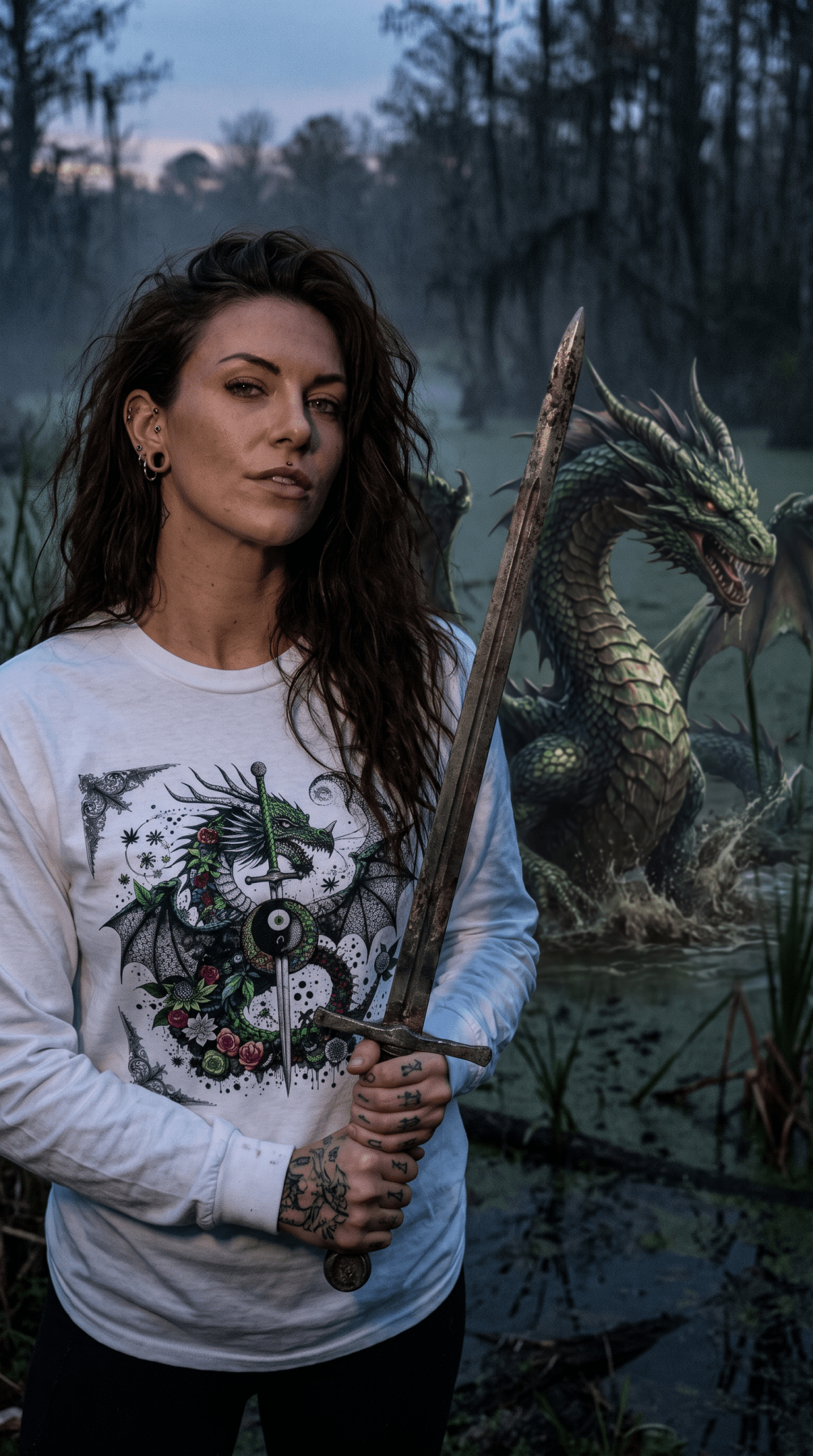 Dragon Slayer Long Sleeve Tee — Dragon with Sword Gothic Shirt - Marijuana Widow