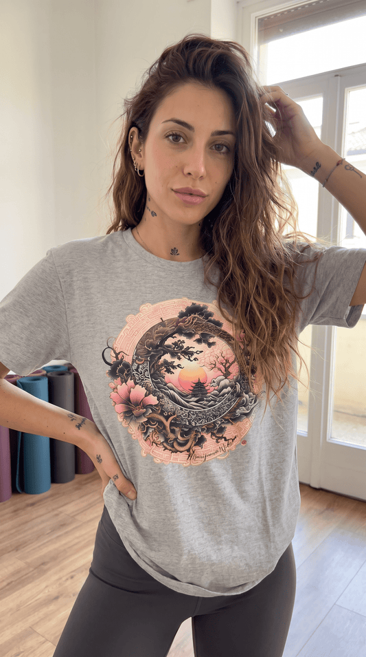 Sunset Pagoda — Vintage Pagoda with Cherry Blossoms - Unisex T-shirt - Marijuana Widow