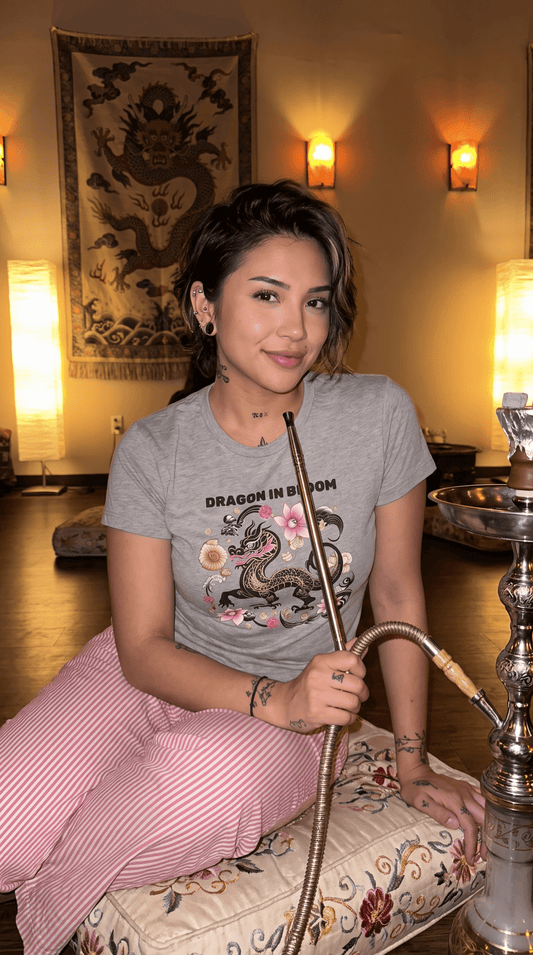 Dragon in Bloom — Dragon & Cherry Blossom Women's Tee — Floral Asian-Inspired Graphic Shirt - Marijuana Widow