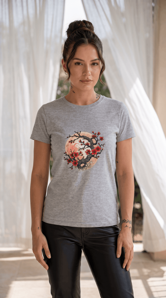 Cherry Blossom Yin Yang Tee — Floral Japanese Moon Graphic Women's Shirt - Marijuana Widow