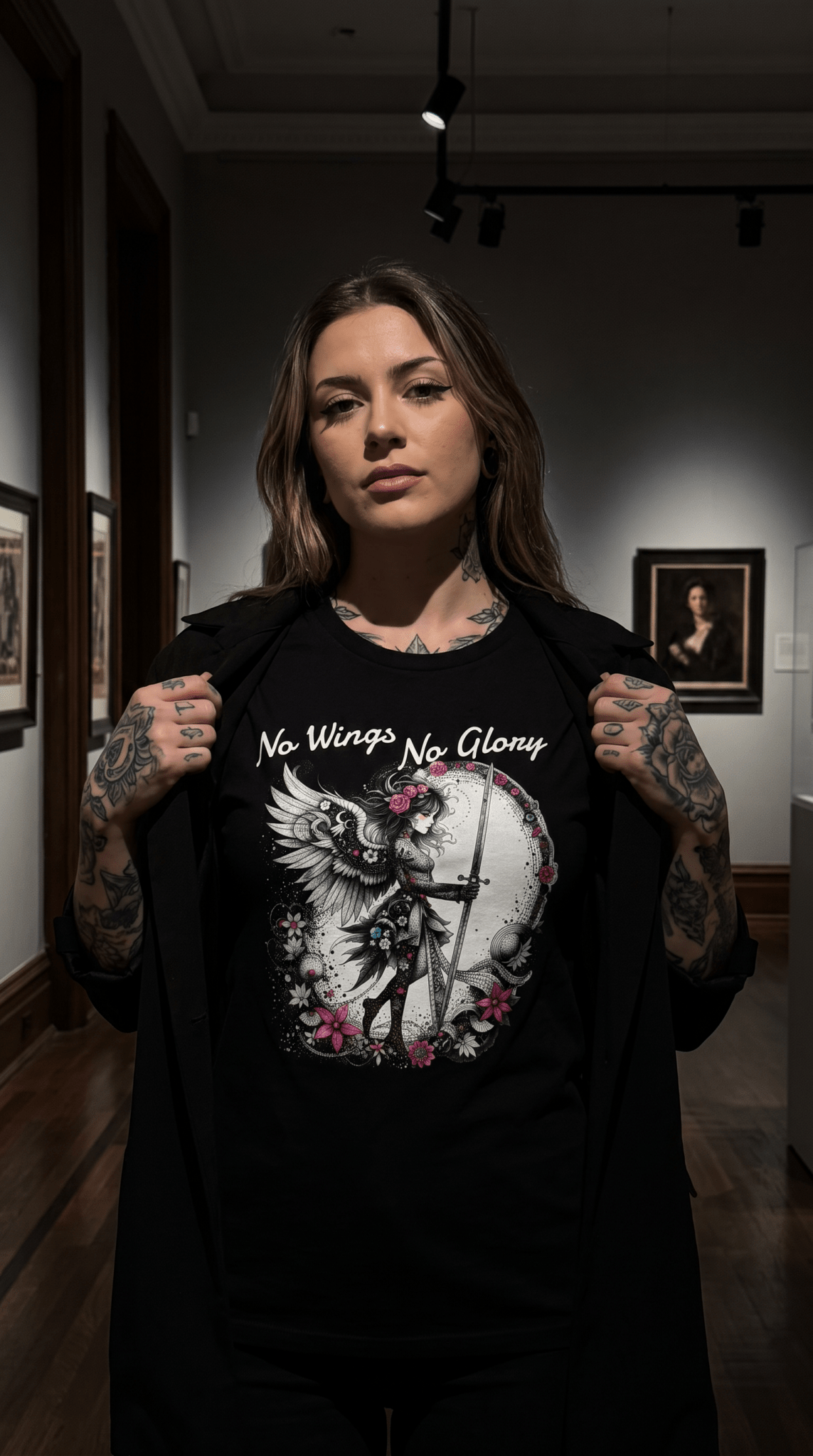 Angel Swordstress T-Shirt — No Wings, No Glory - Gothic Winged Angel Design - Marijuana Widow